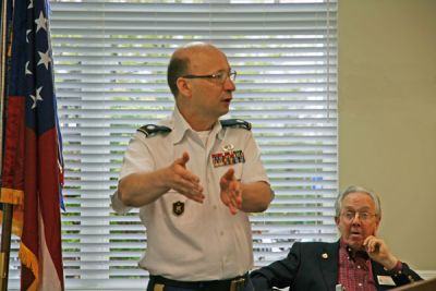 Guest speaker Lt. Col. (Ret.) Jonathan Nepute addresses the audienceabout the JROTC program at Centennial HS.