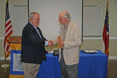 Chapter Vice President Rick Reese presentsCol. Nepute with the SAR Speaker's Appreciation certificate.